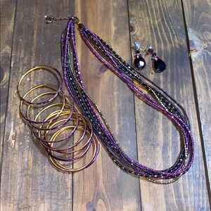 Purple and Gold Multi-Strand Necklace, Bangles, and Earring Set